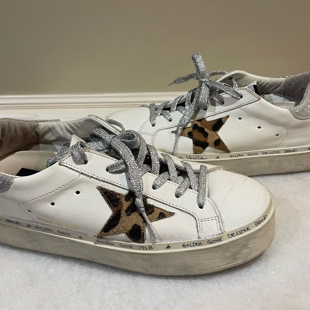 Golden Goose Hi Star Sneakers w/ Leopard Print Calf Hair Star and Glitter Heel - Picture 2 of 8